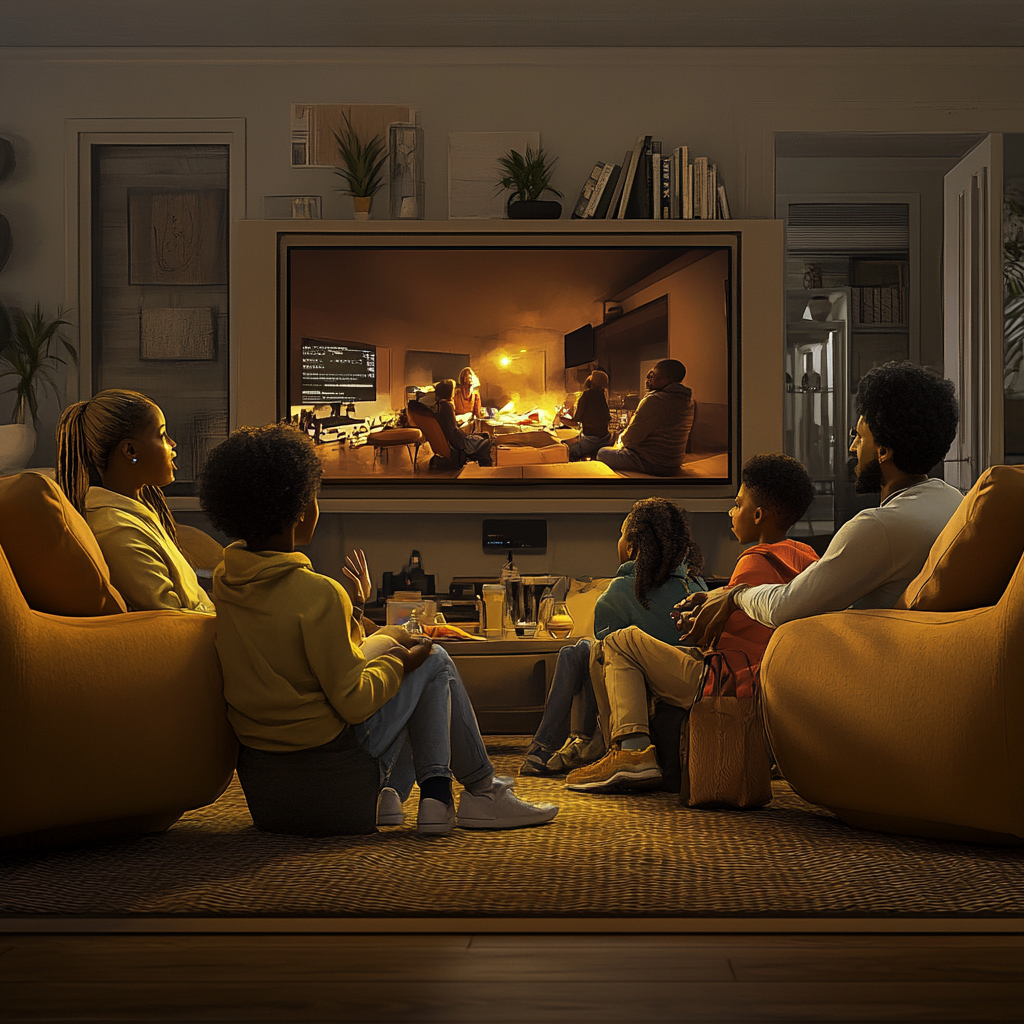 Black family watching news on large television.