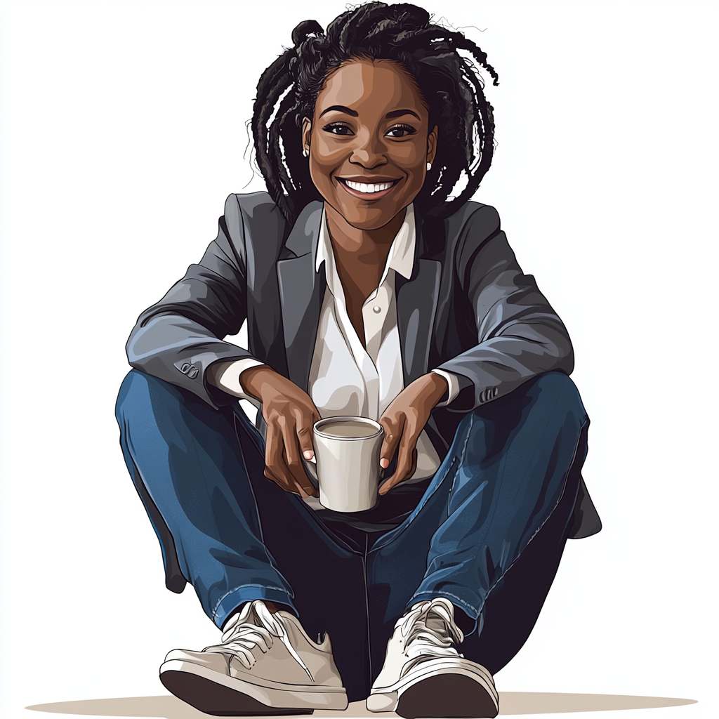 Black female politician sitting cross-legged with coffee mug.