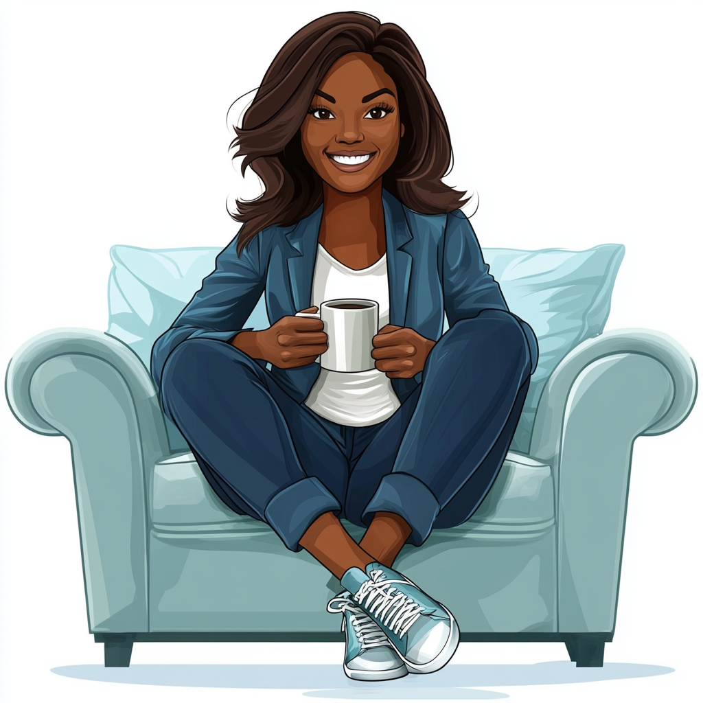 Black female politician sitting on couch holding coffee mug.