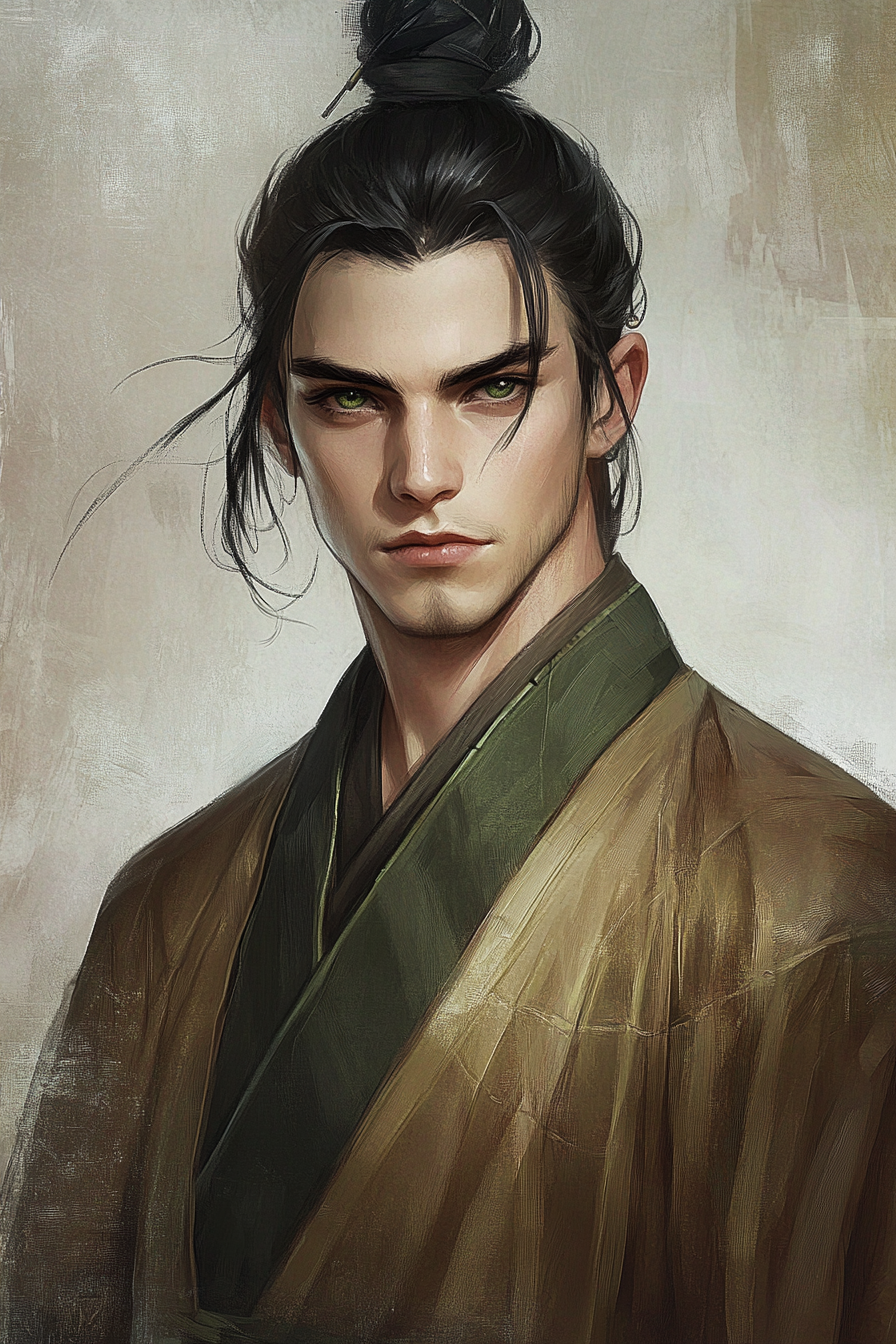 Black hair, green eyes, mage robes, detailed portrait art.