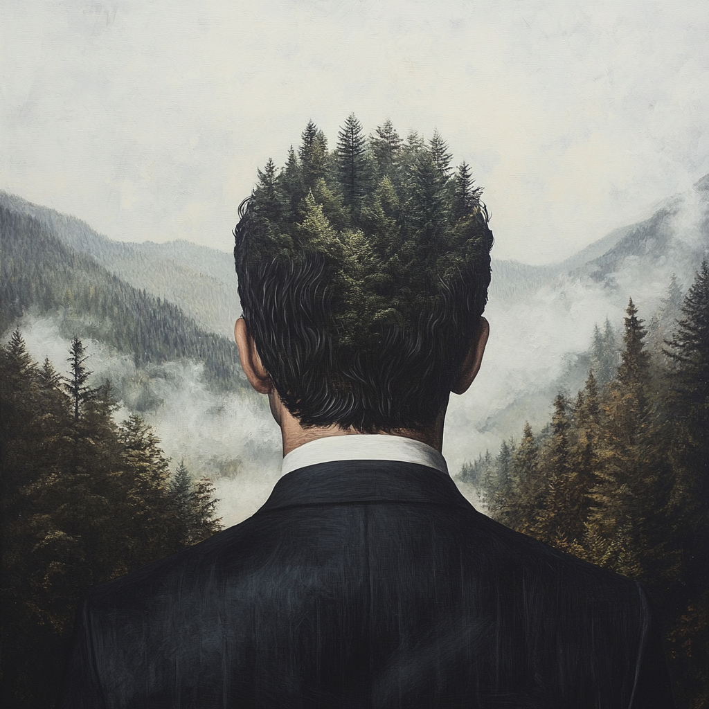 Black haired, bearded man in suit gazing at forest.