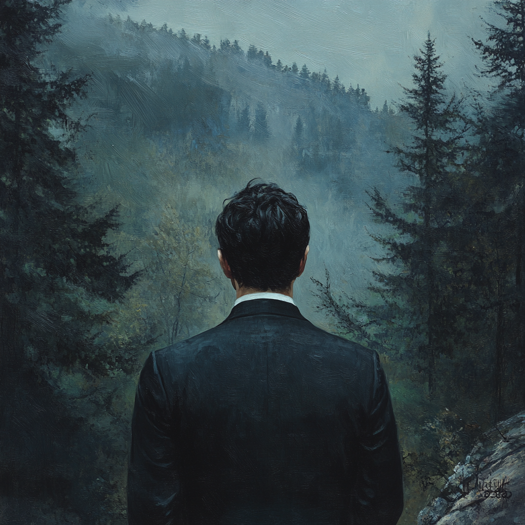 Black haired man in suit looking at forest.