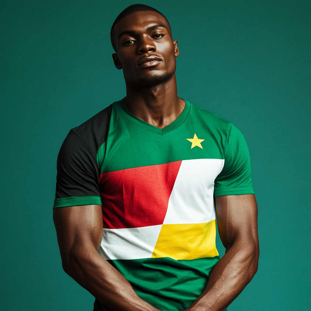 Black man in athletic build wearing flag-themed t-shirt.