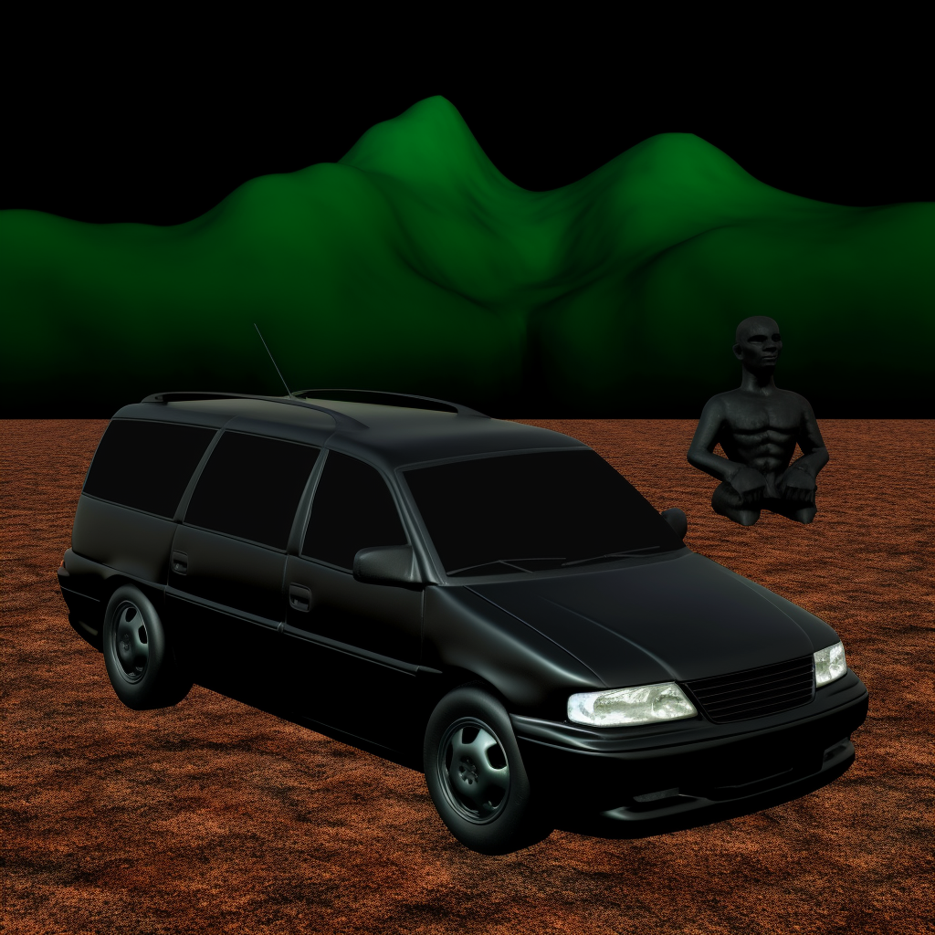 Black minivan on green background with glitchy pixelated design.