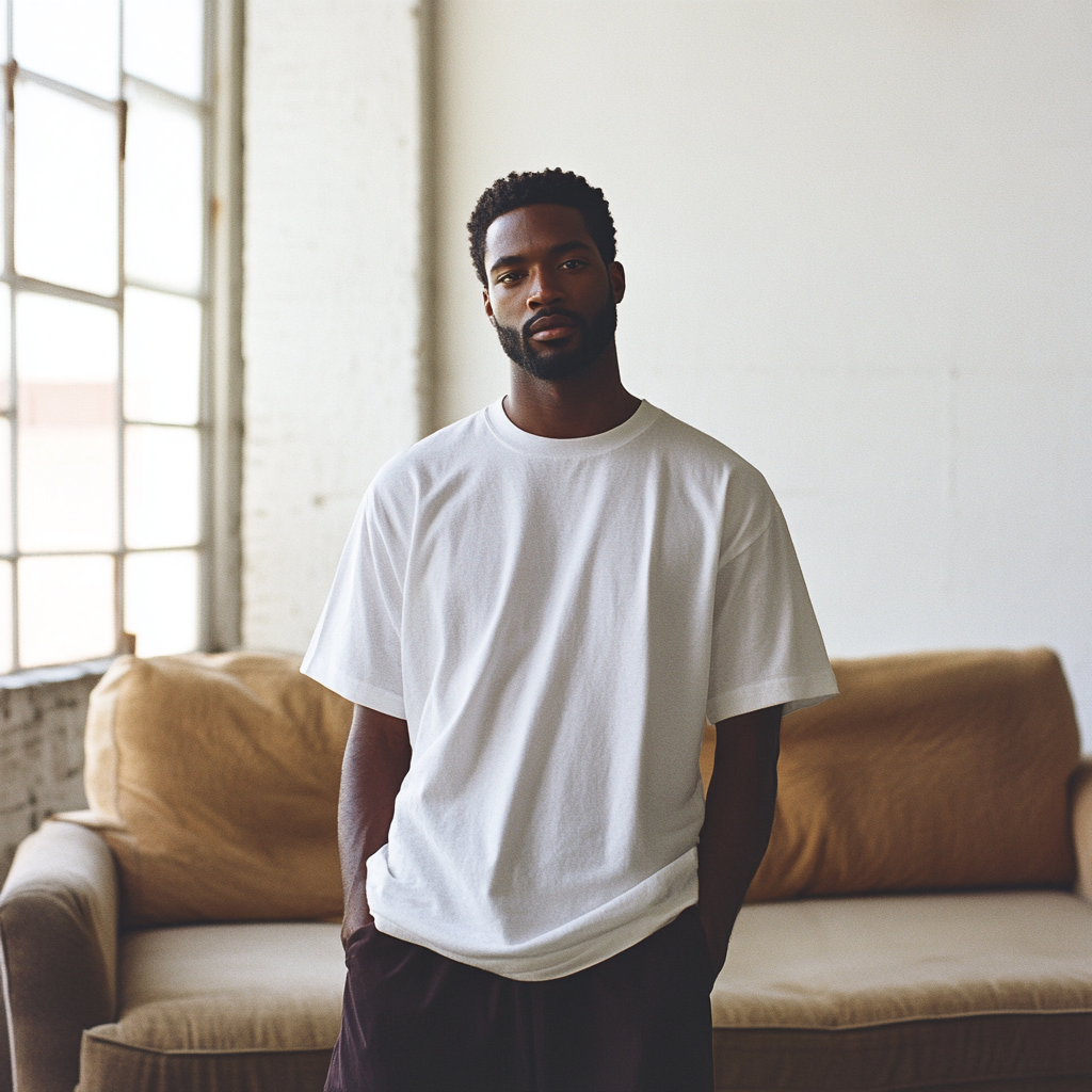 Black model in white t-shirt, standing, white background.