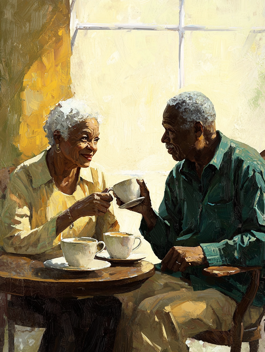 Black senior couple reading coffee, vintage book cover art.