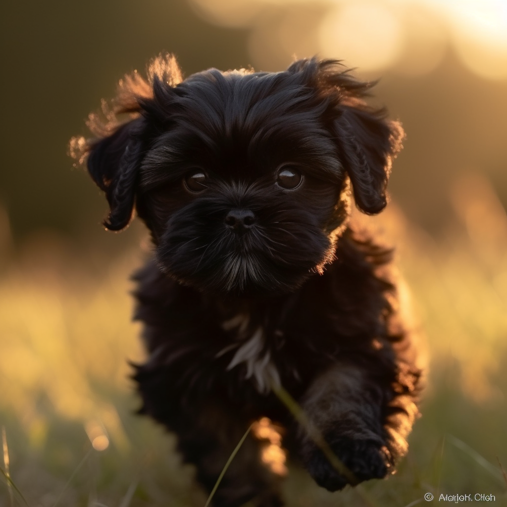 Black shih tzu puppy running on grass field