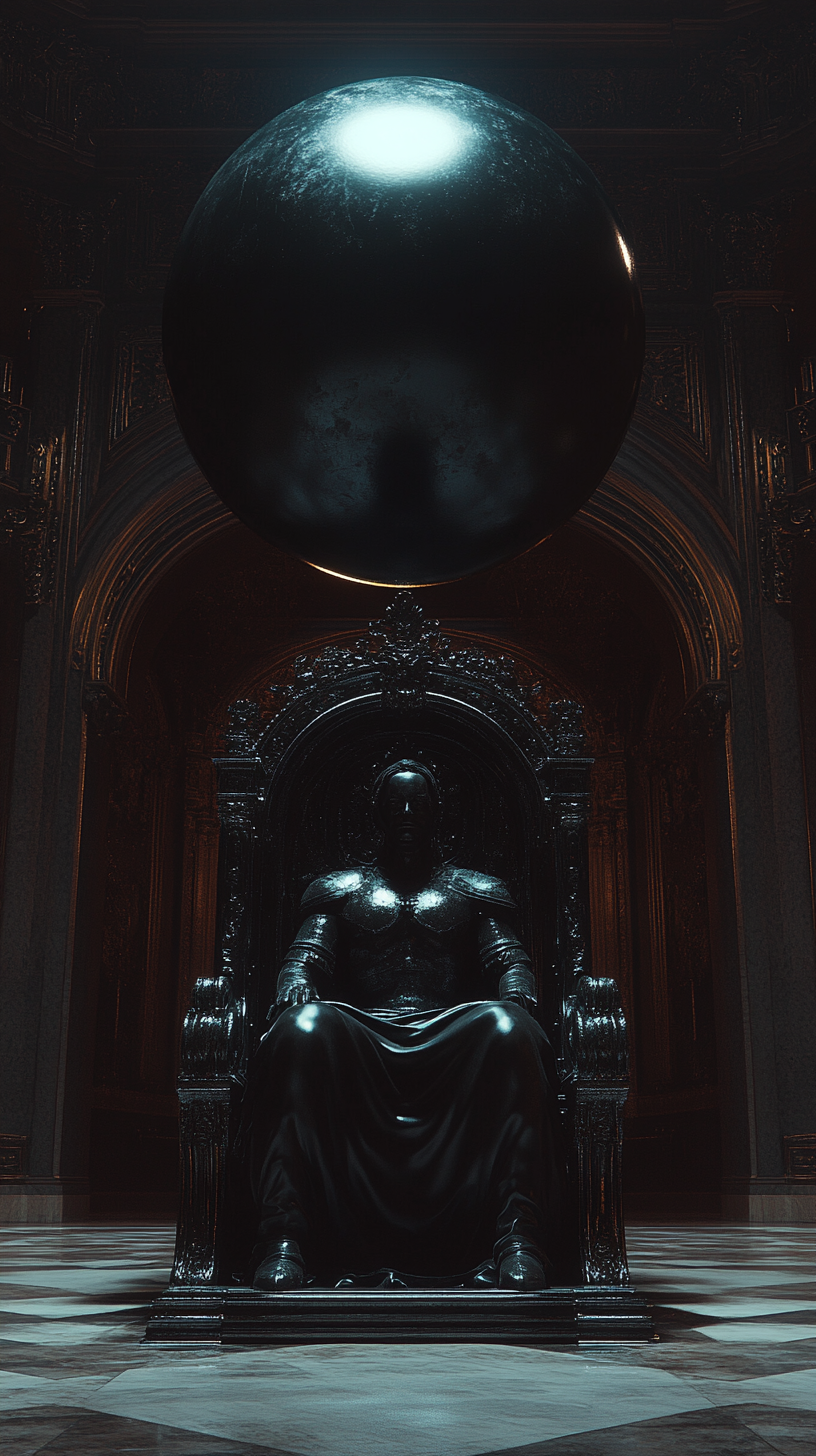 Black statue on throne in dark castle with shiny sphere.