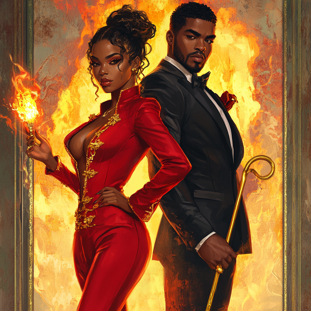 Black woman, red suit, gold flame vs dark black male.