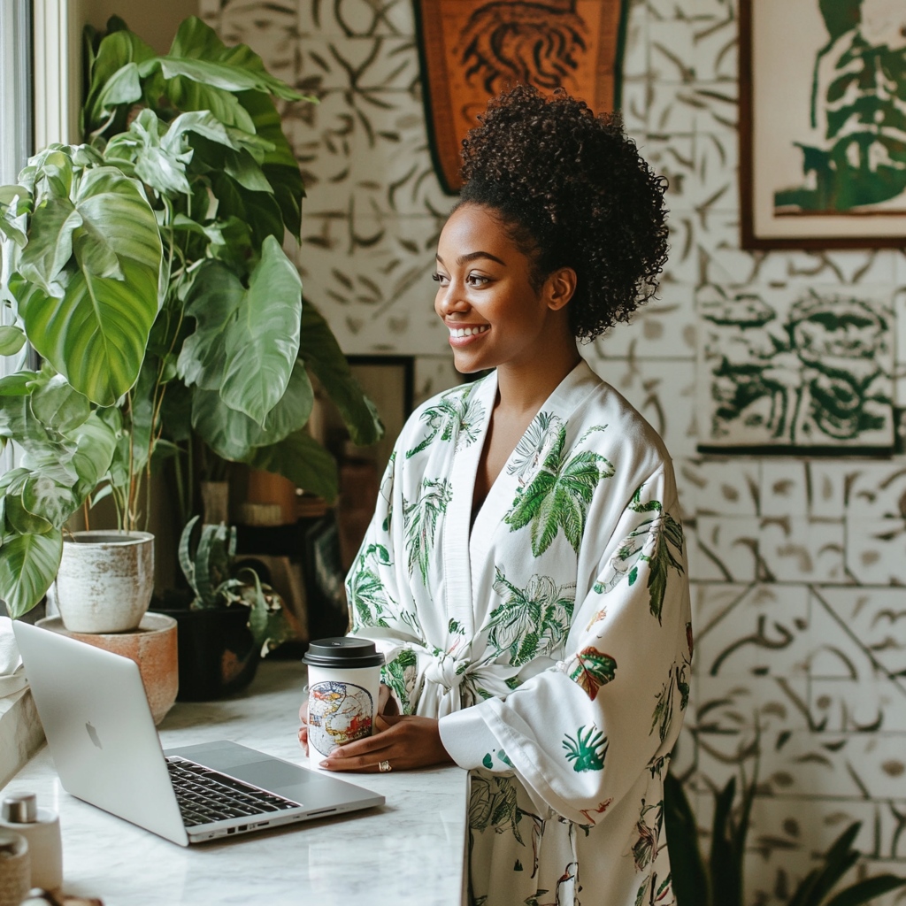 Black woman, robe, green plant, laptop, coffee mug, smile.