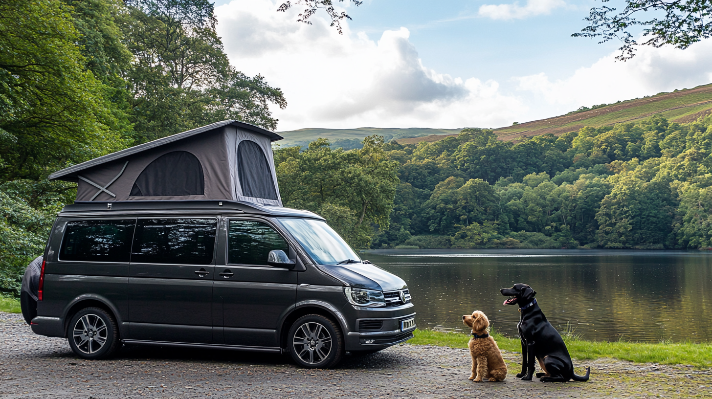 Blackberry Metallic 2014 T5 Transporter Camper Van with Cockapoo and Doberman by Lake - Raw Style 16:9AspectRatio