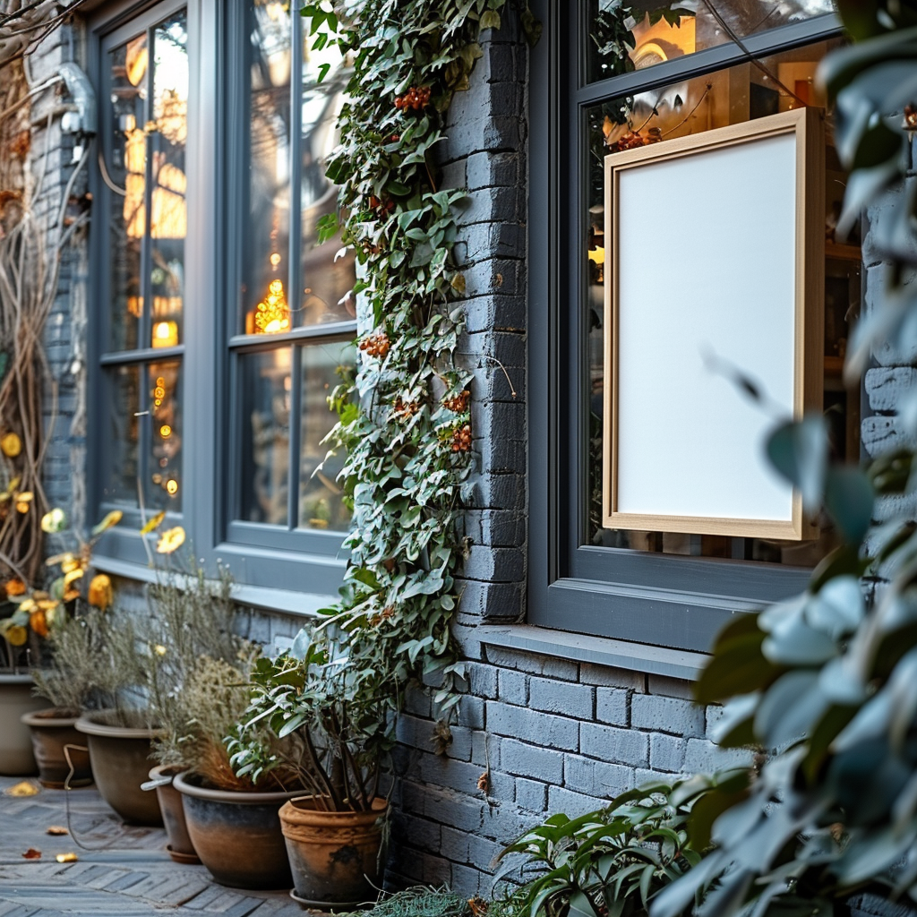 Blank real estate sign mockup on house window.