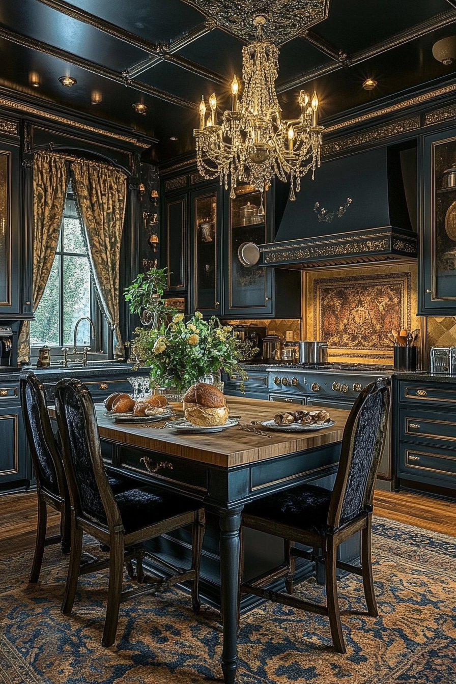 Blend Victorian elegance with gothic flair in kitchen redesign.