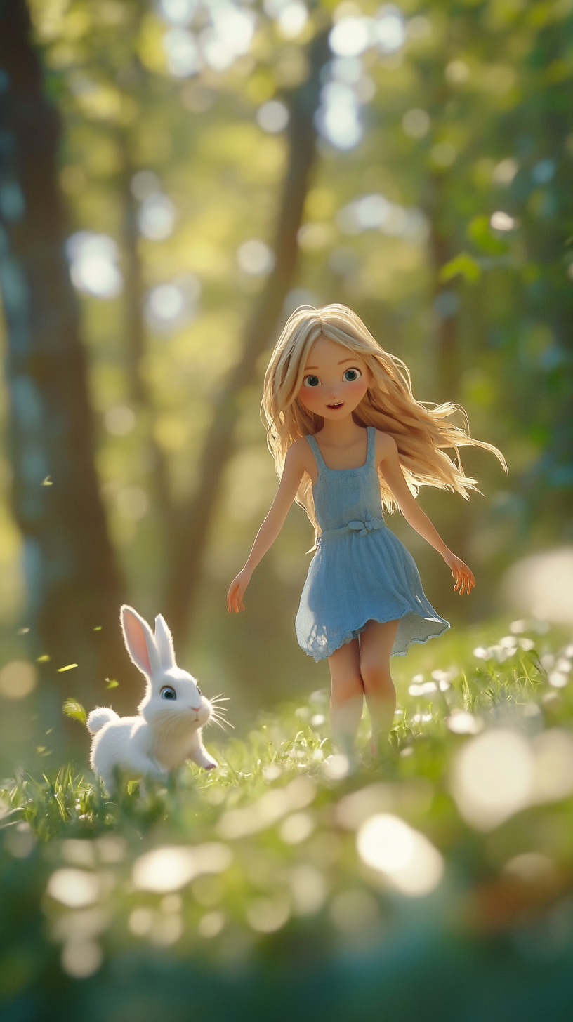 Blond girl in blue dress chases rabbit. Sunny forest.