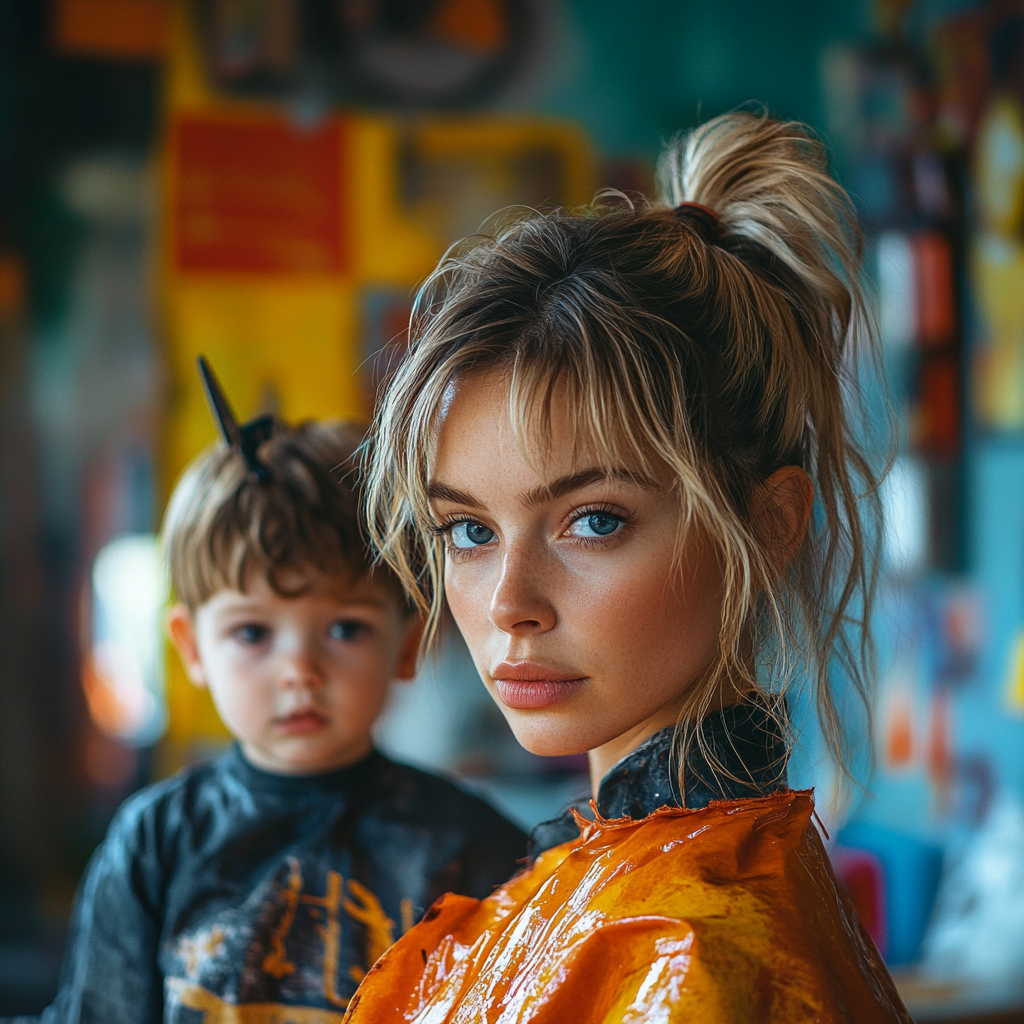 Blond woman cutting child's hair in colorful salon, fierce.