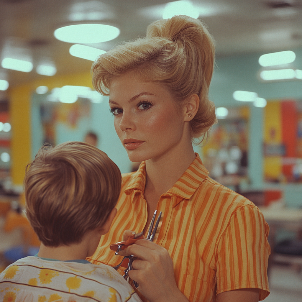 Blond woman in children's salon, cutting child's hair.