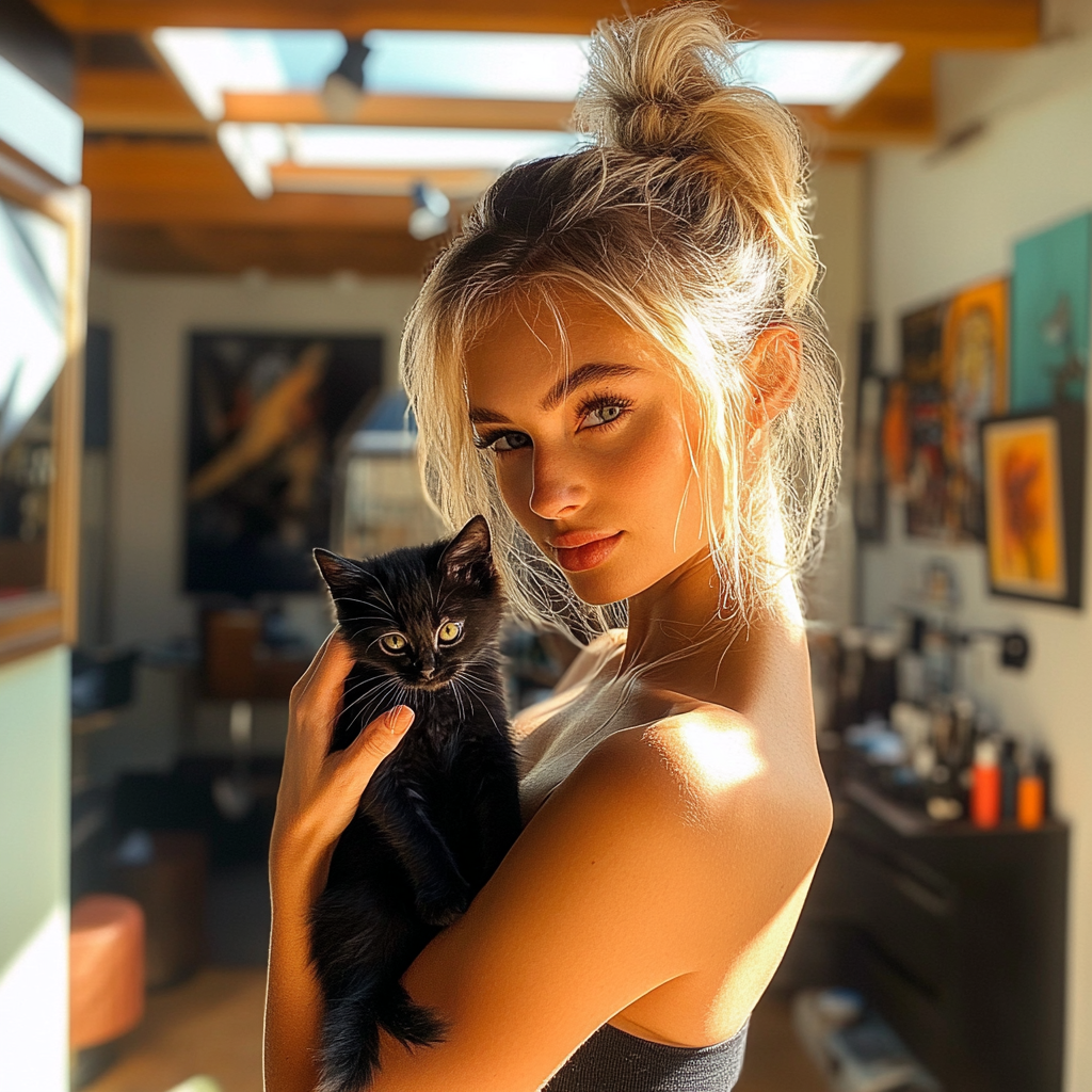 Blond woman with ponytail holding black kitten in salon.