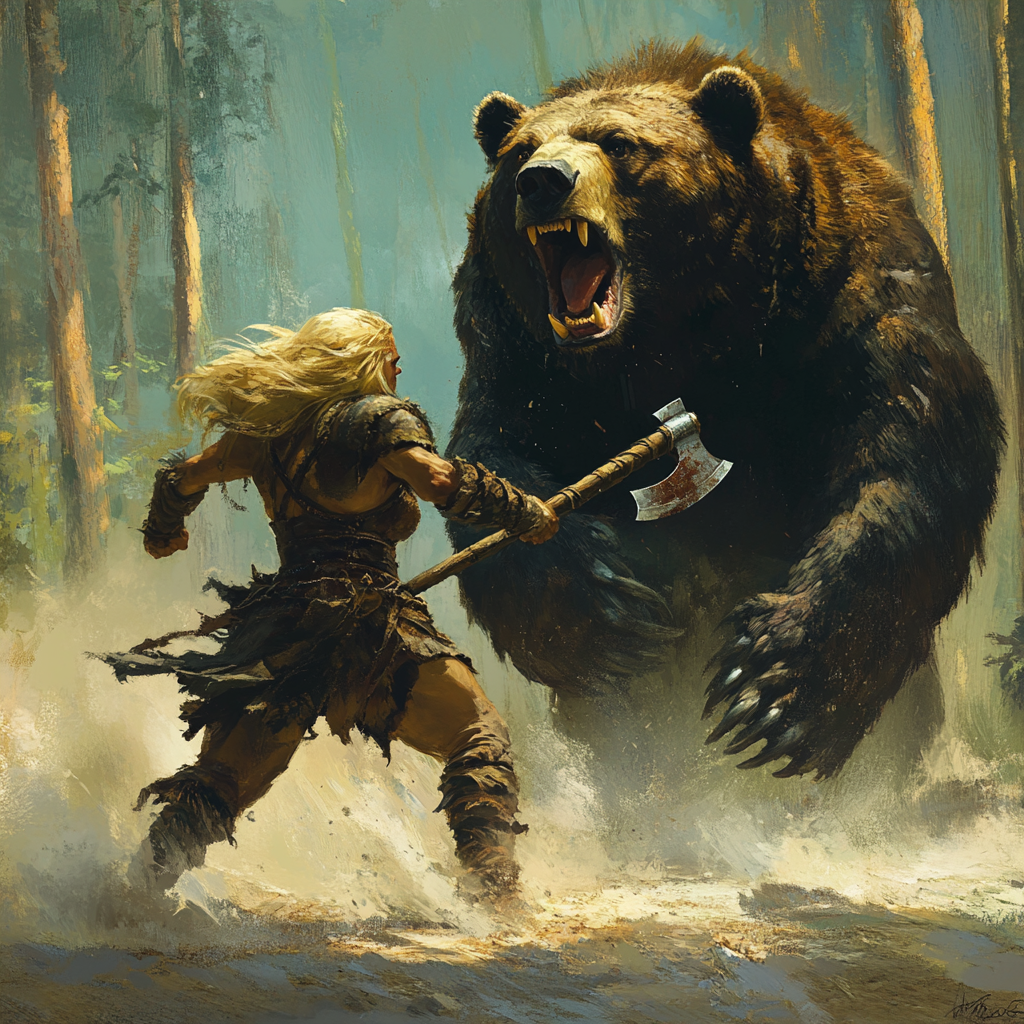 Blonde barbarian with two-handed axe vs angry bear