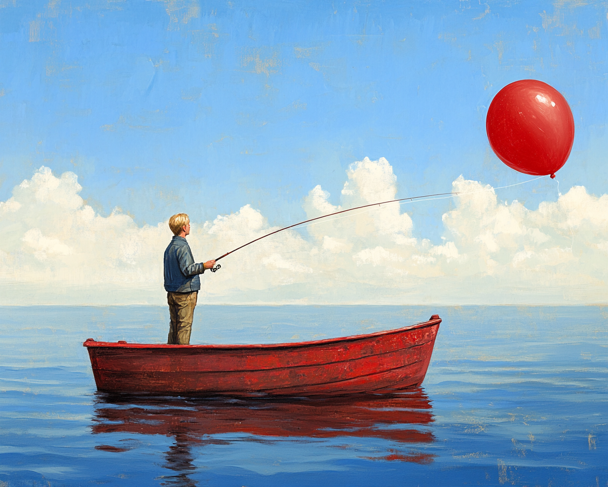 Blonde man flyfishing from rowboat in Pacific ocean.