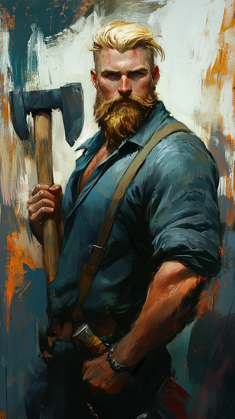 Blonde man with axe in heroic lighting, confident stance.