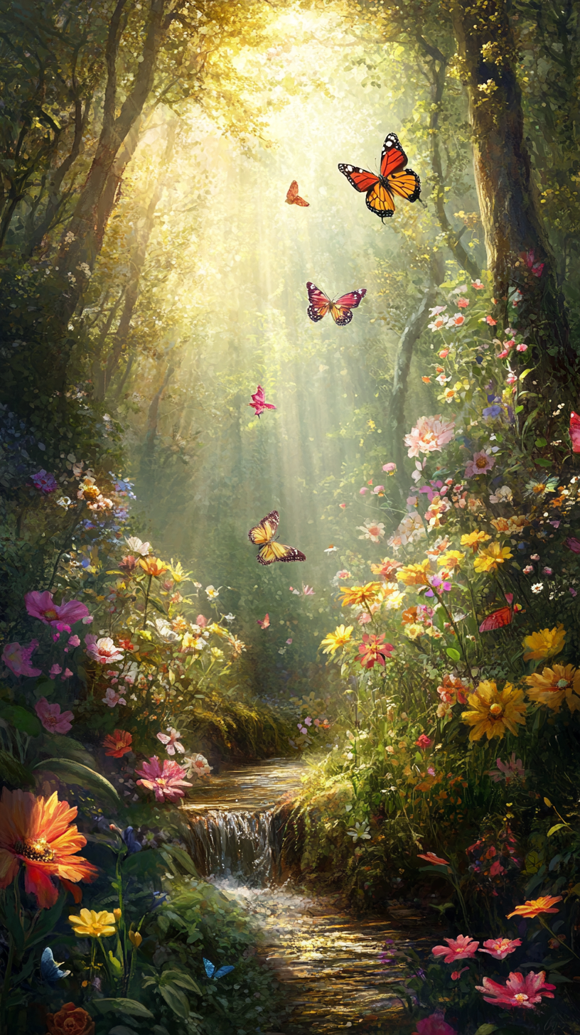 Blooming flowers in magical garden with butterflies and sunlight.