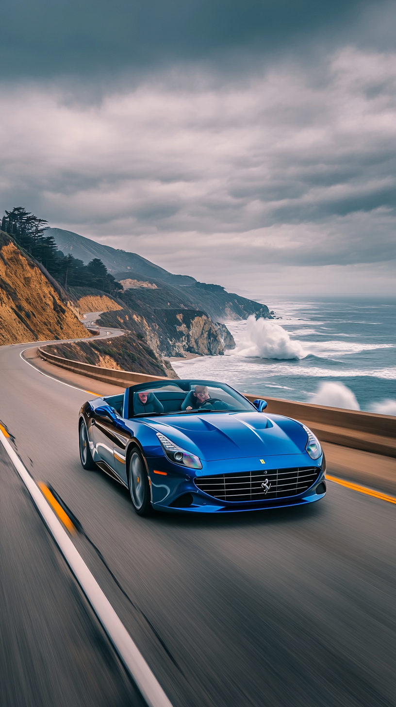 Blue Ferrari speeding on Pacific Coast Highway, waves splashing.