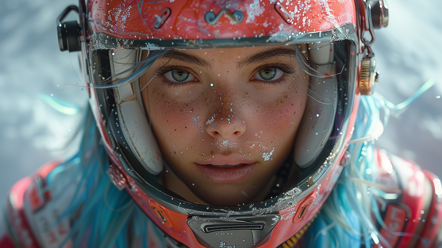 Blue-haired girl in space ship racing with gears.