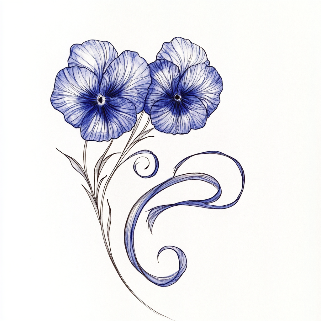 Blue pansy flowers and flowing ribbon tattoo sketch design.