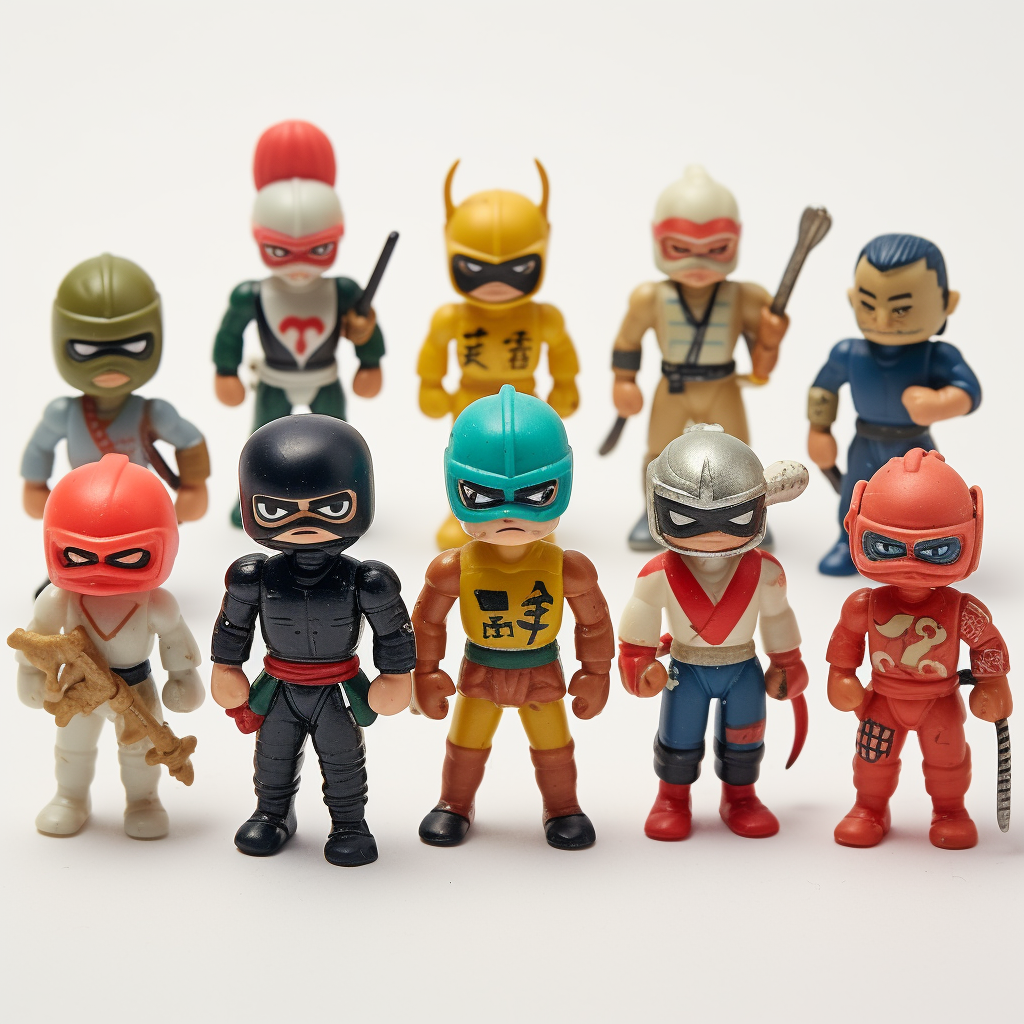 Bootleg 1960s Japanese ninja toys on white background.