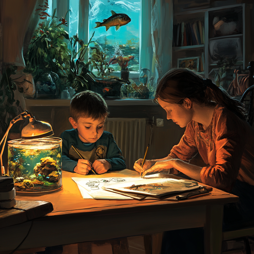 Boy drawing on desk, mother placing fish tank.