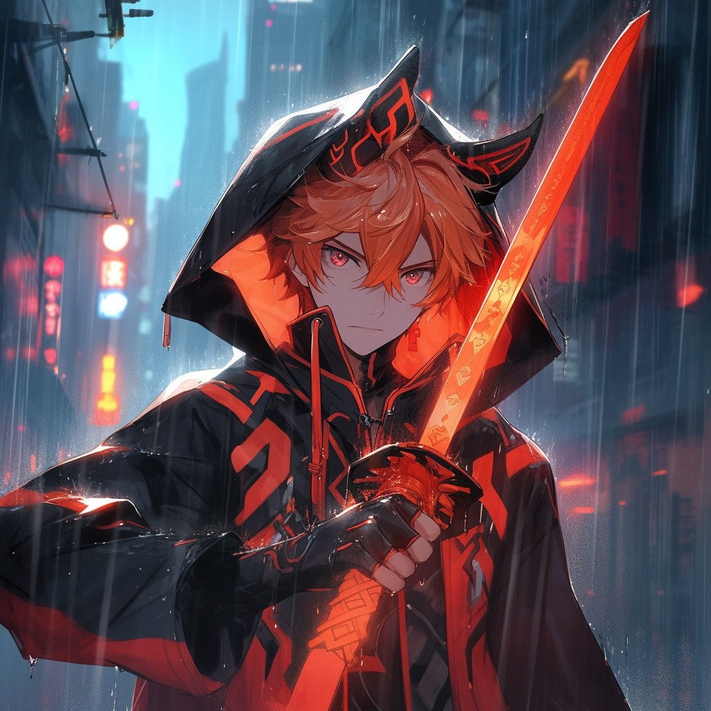 Boy in cyberpunk anime with orange samurai sword.