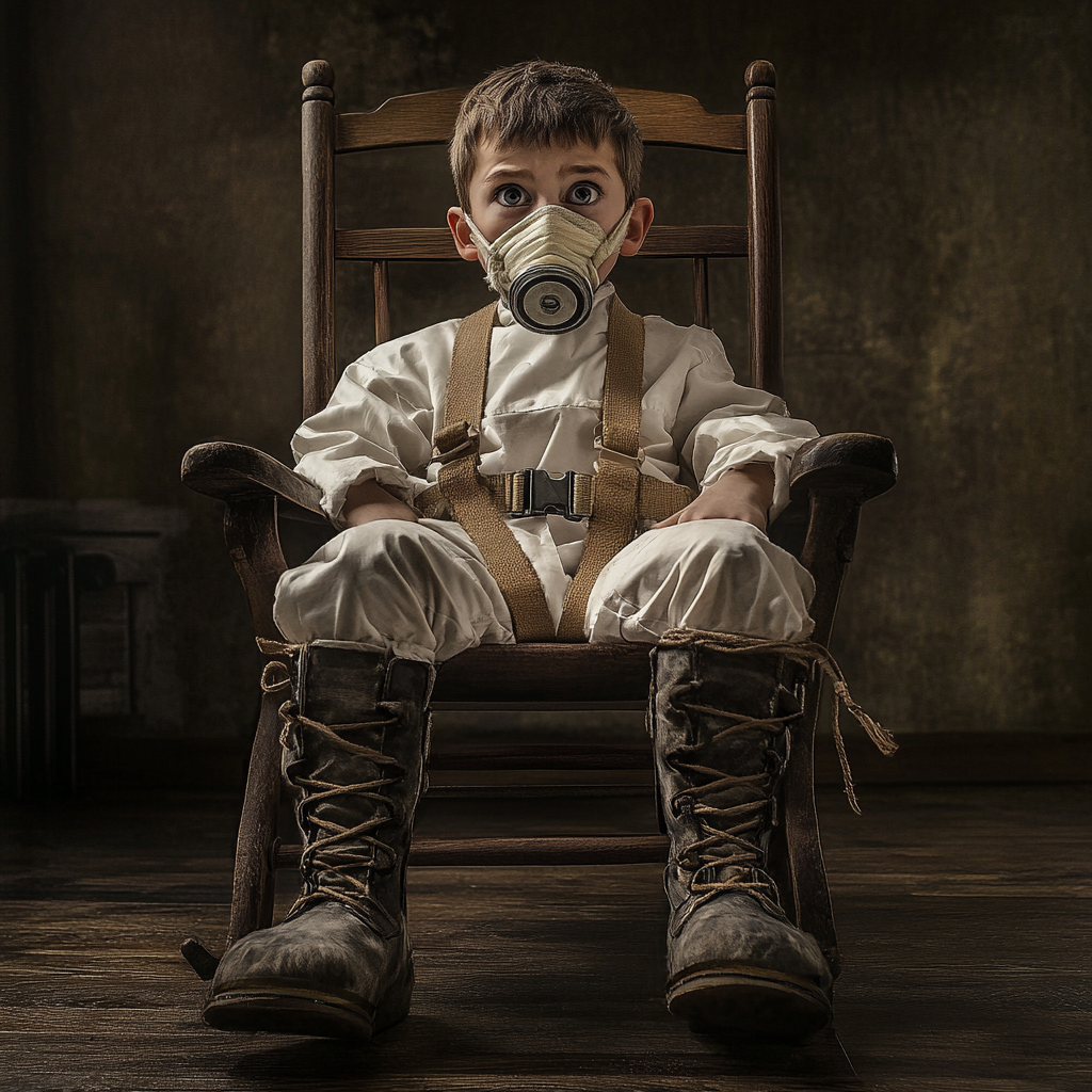 Boy in scientist coat, bound, bandaged mouth, scared feelings.