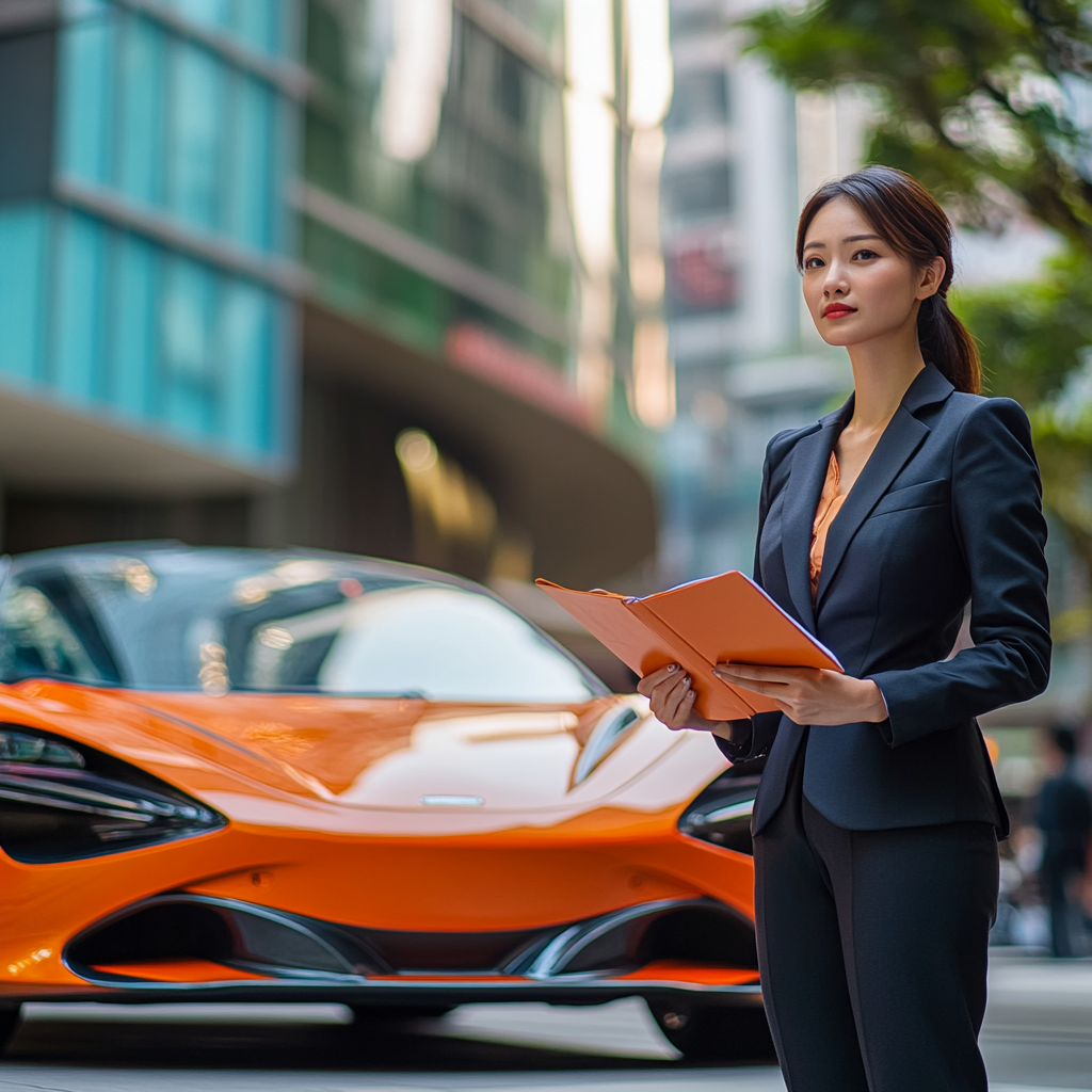 Bright SuperCar Saleswoman in Modern Business District