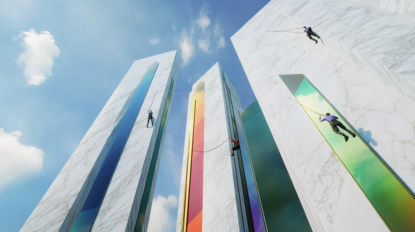 Bright cinematic lighting, tall marble buildings, iridescent sky.