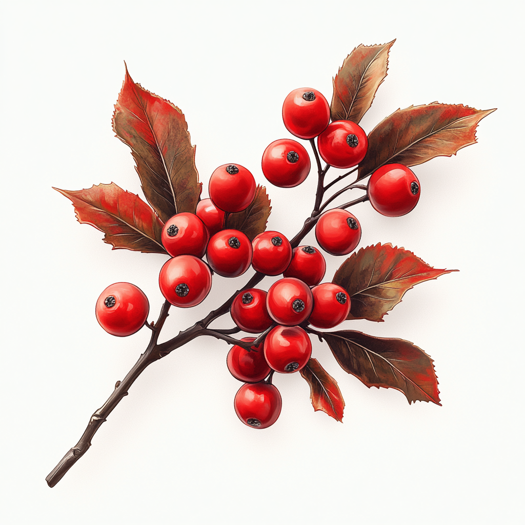 Bright red holly berries, detailed and realistic on white background.