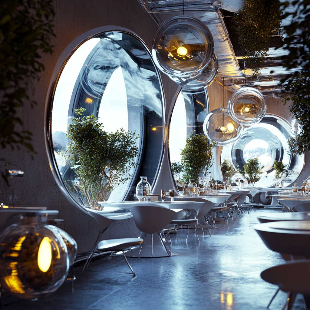 Bright space style restaurant interior with plants and bacteria.