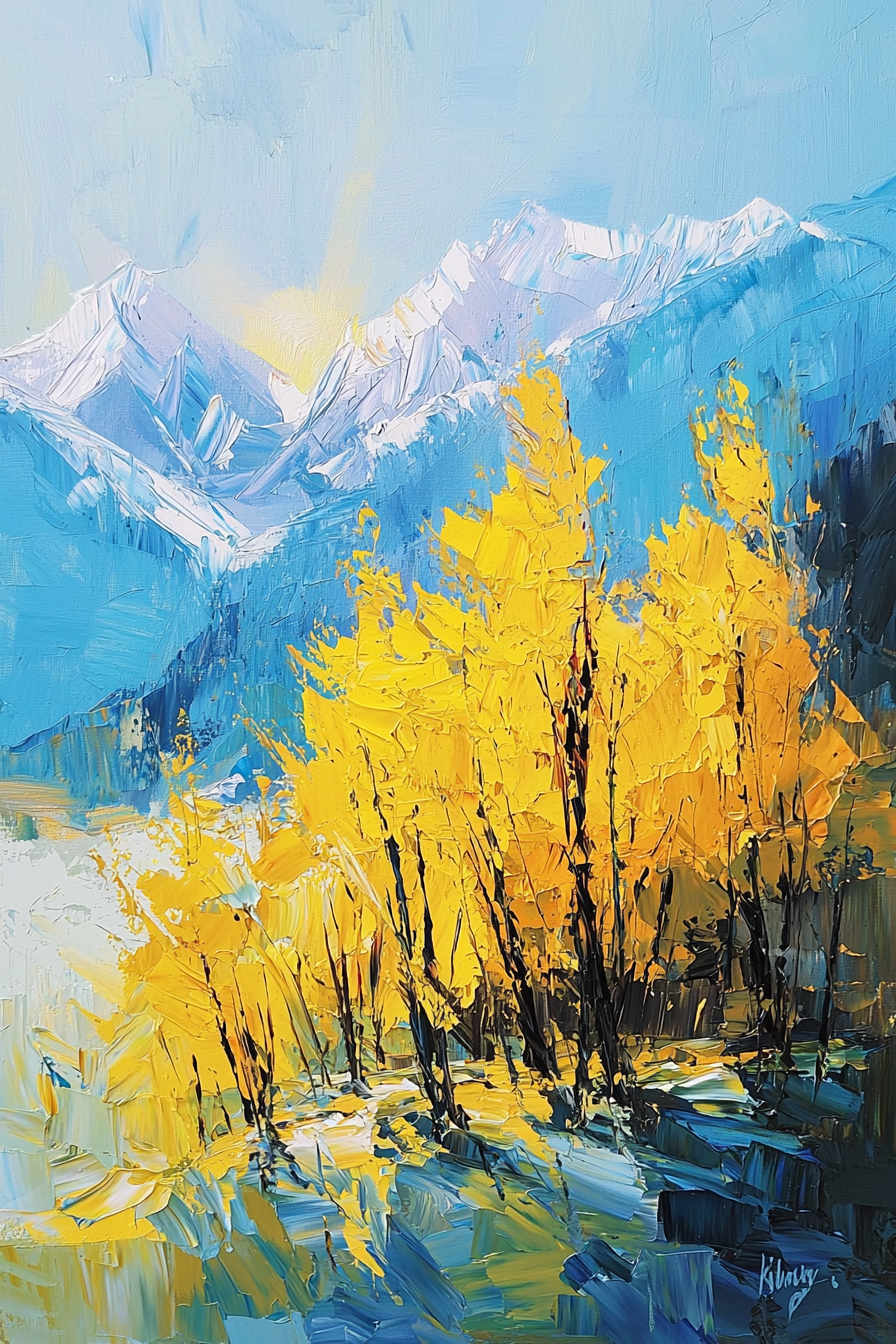 Bright yellow trees on Himalayan mountain, sunlight from upper left.