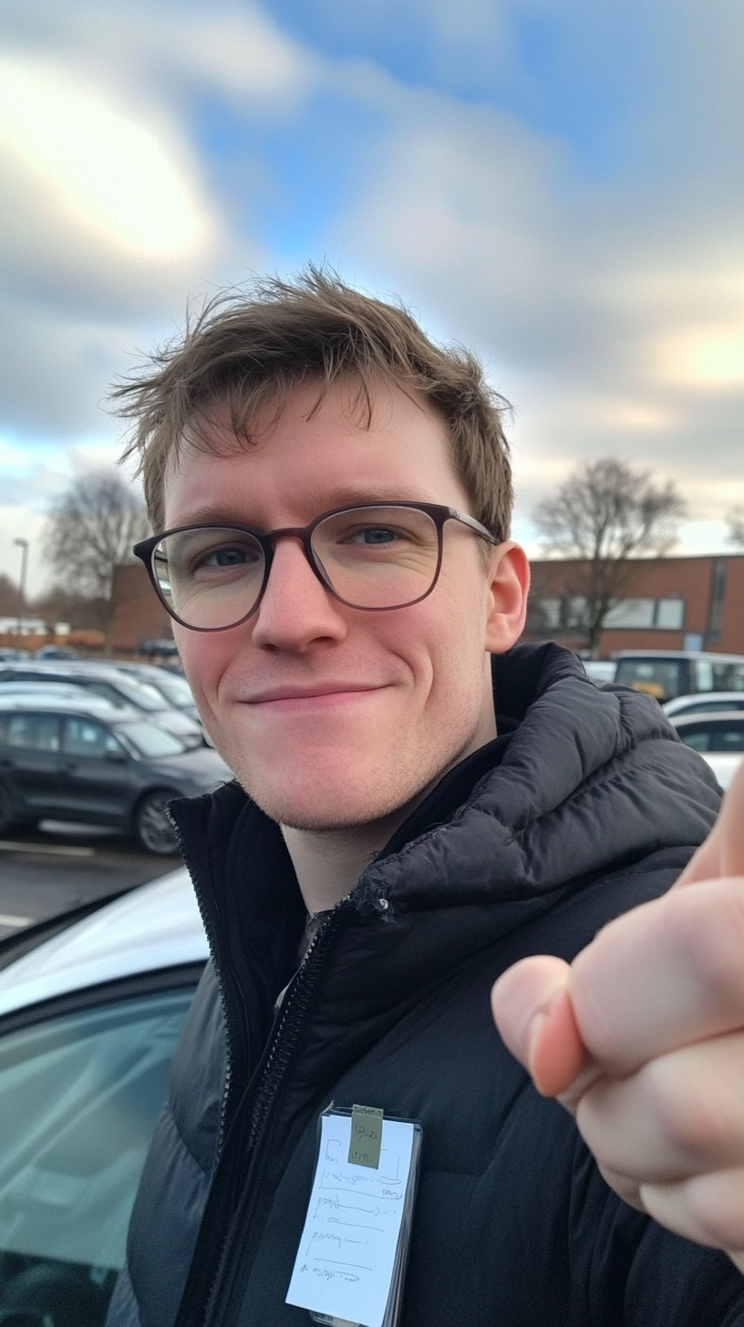 British man in selfie with car, sticky notes. Smiling.