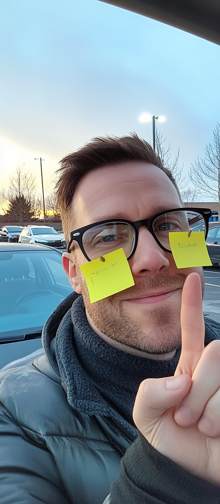 British man in selfie with post-it notes and car.