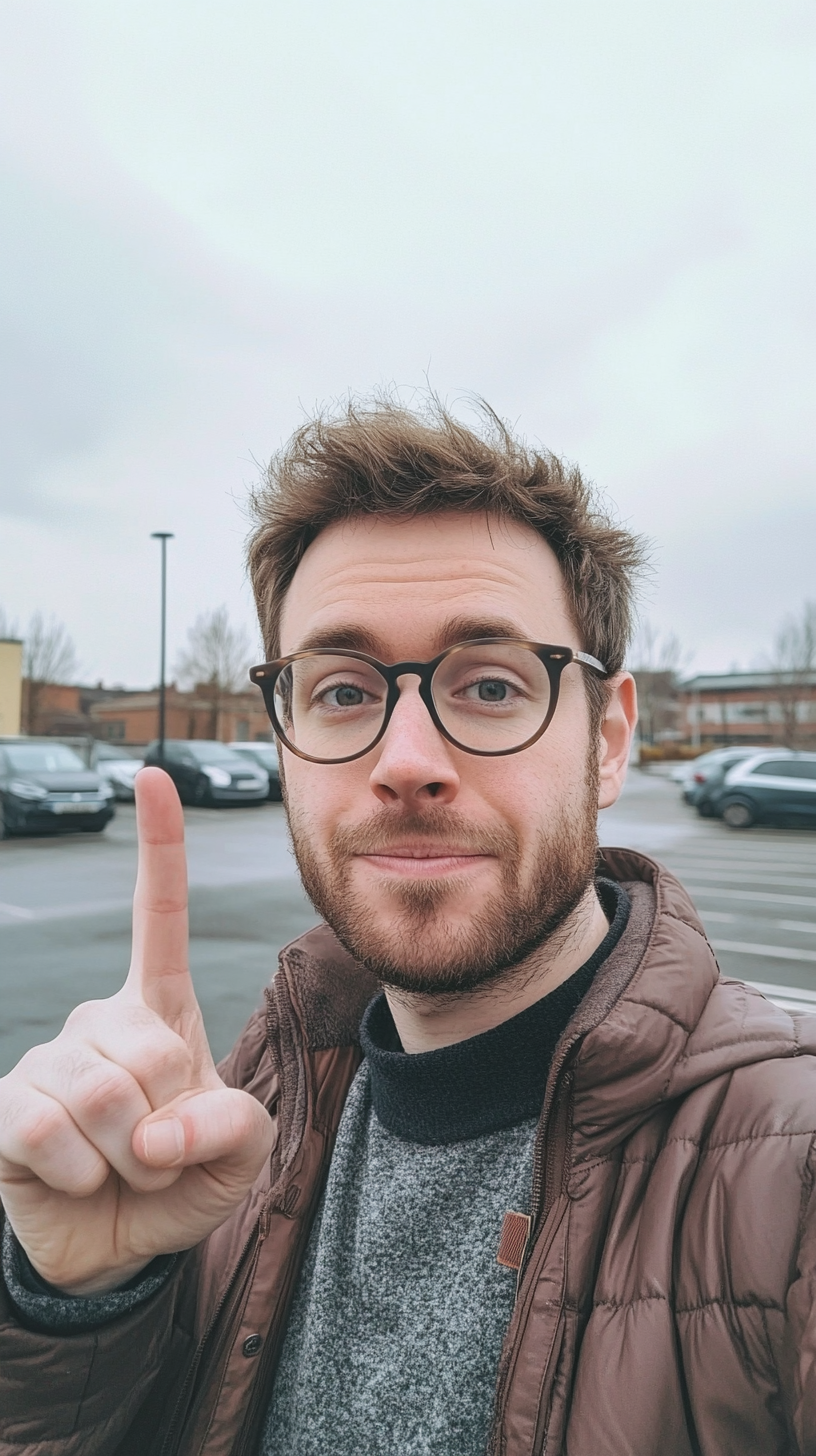 British man takes selfie in car park. Smiling.