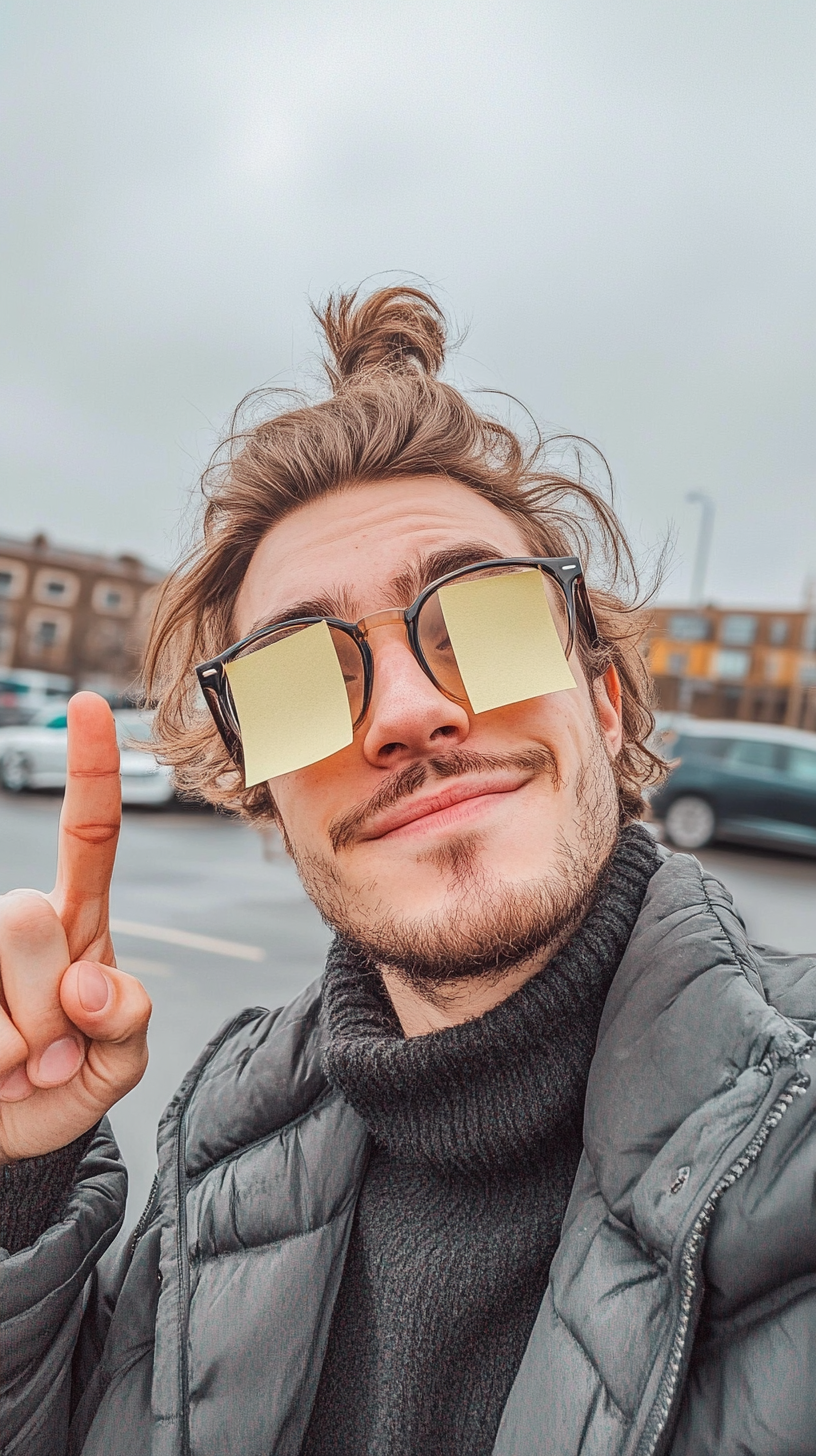 British man wearing glasses with post-it notes smiling.