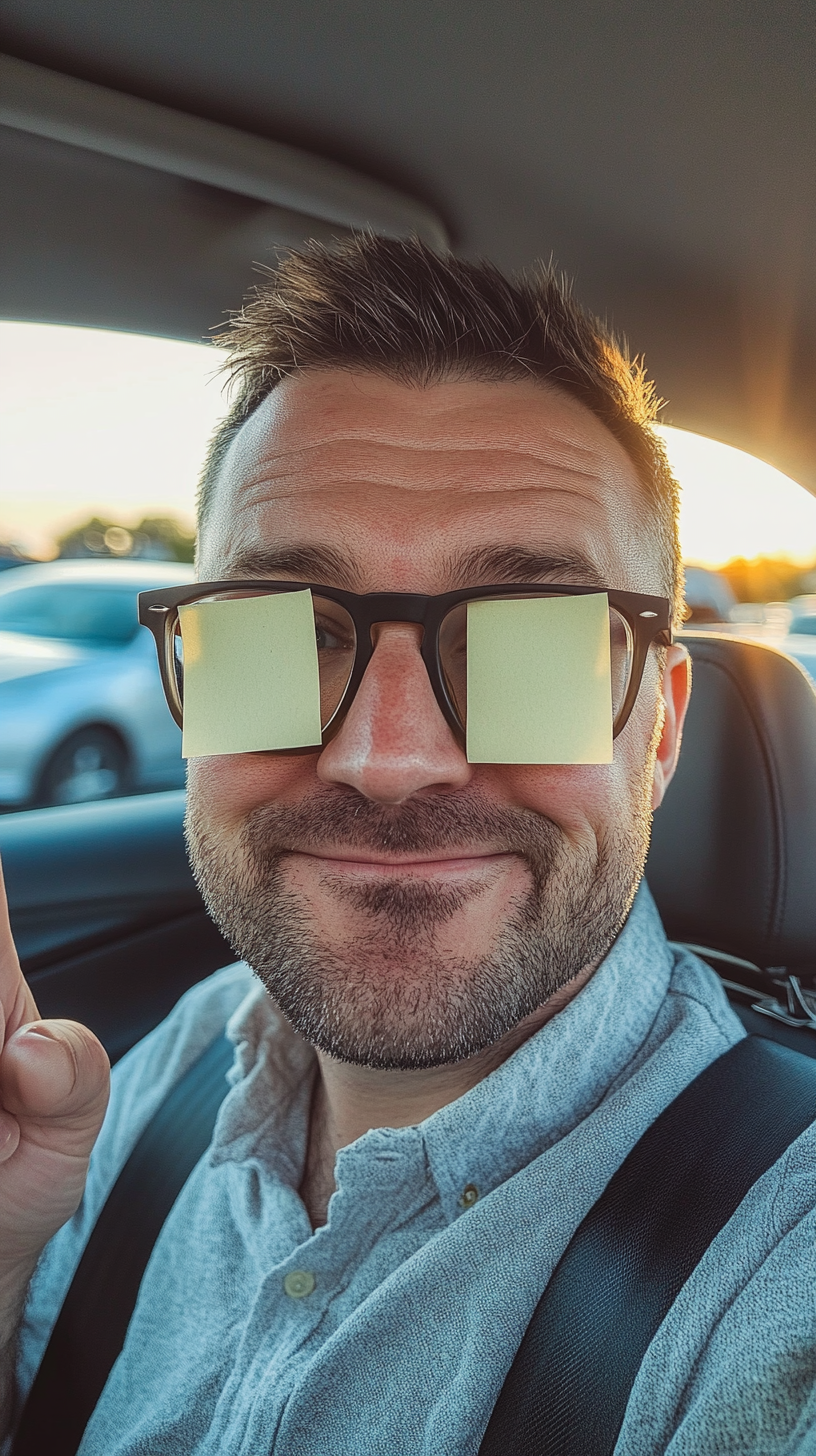 British man with sticky notes on eyeglasses, pointing up.