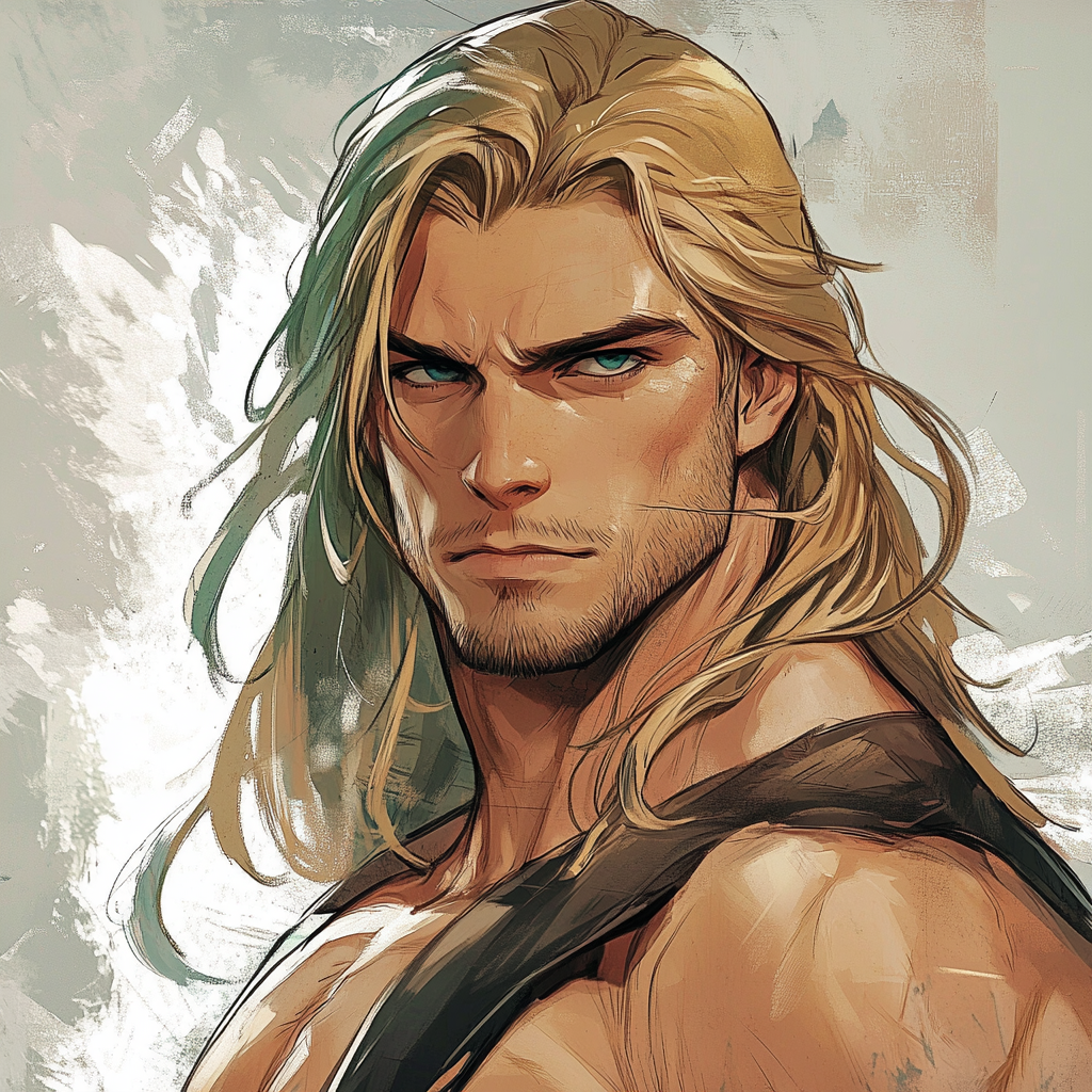 Broad-shouldered, muscular human male with long blond hair.