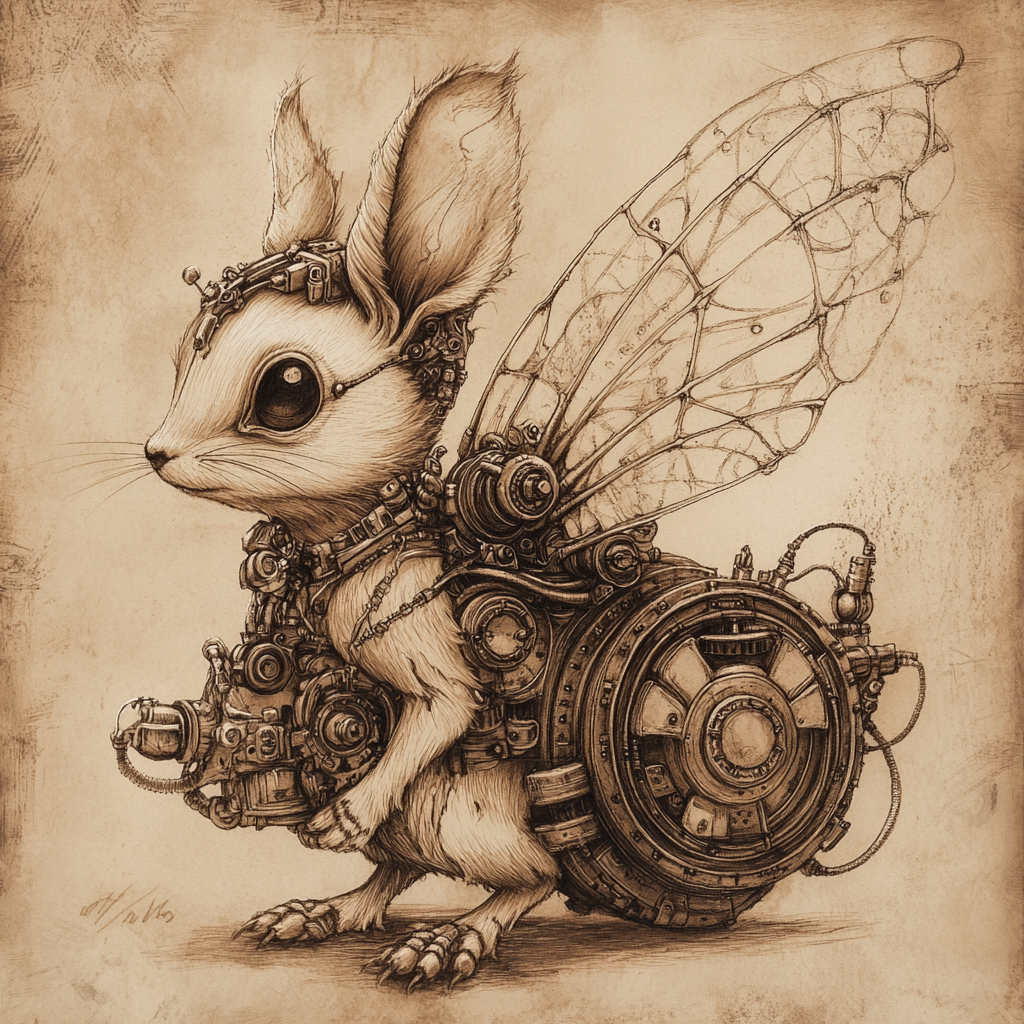 Brown mechanical woodland creature in da Vinci style drawing.