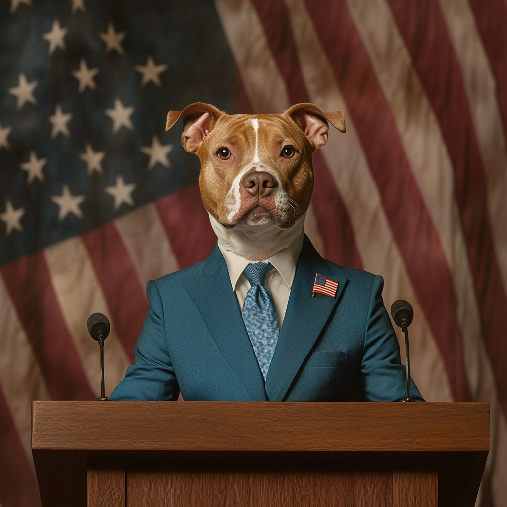 Brown pitbull in blue suit stands at podium with flag.