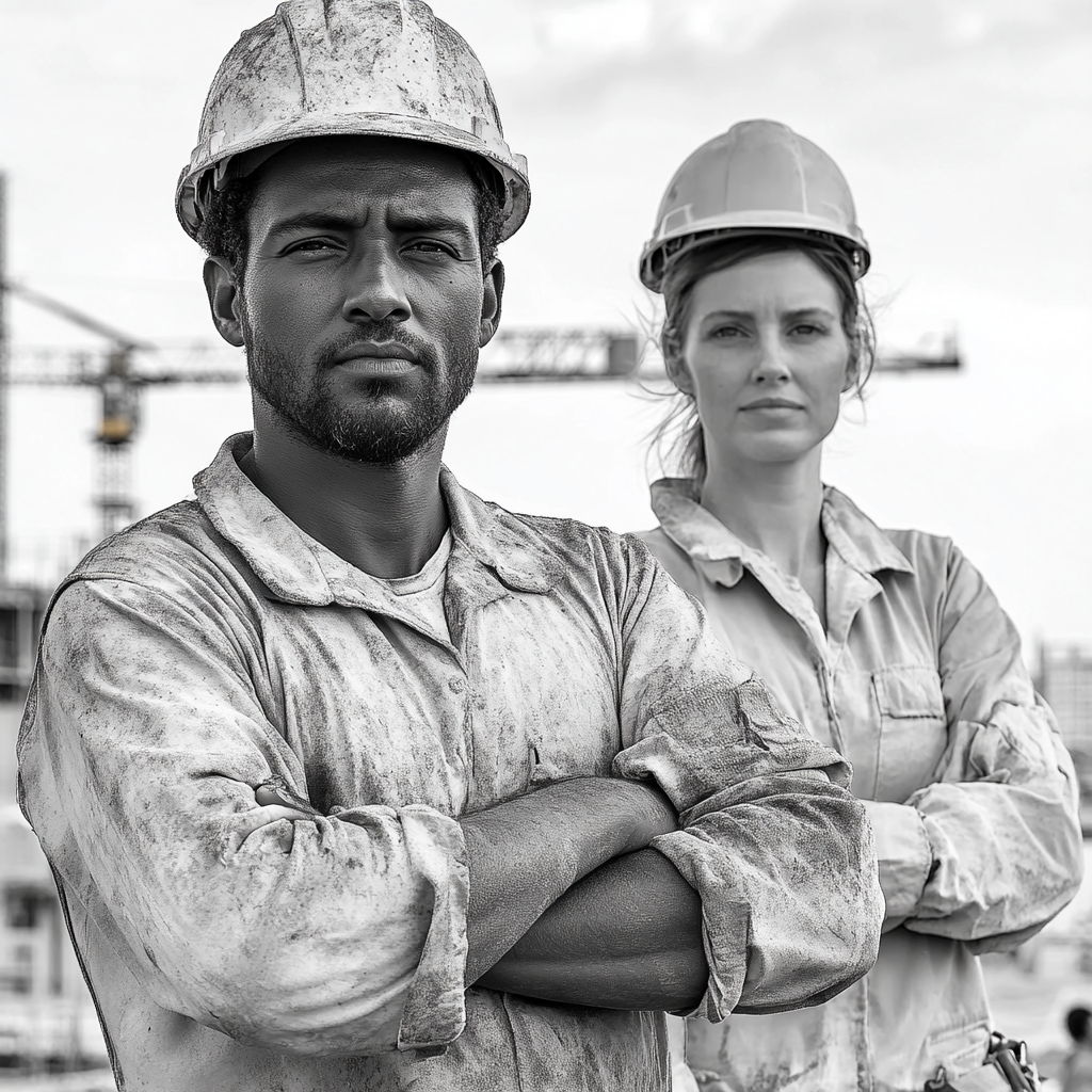 Builder and architect with workers at construction site.