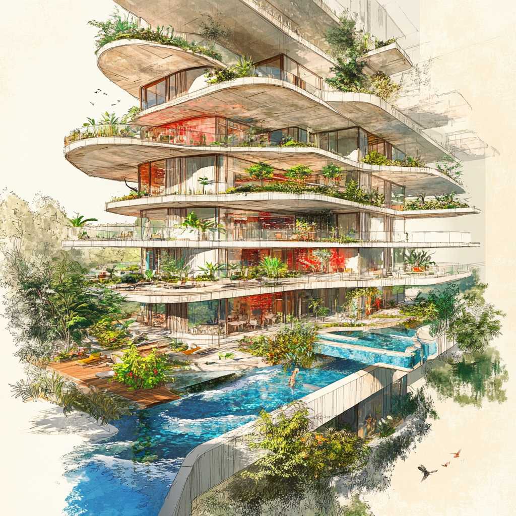 Building with four levels, pools, columns, and plants sketch.