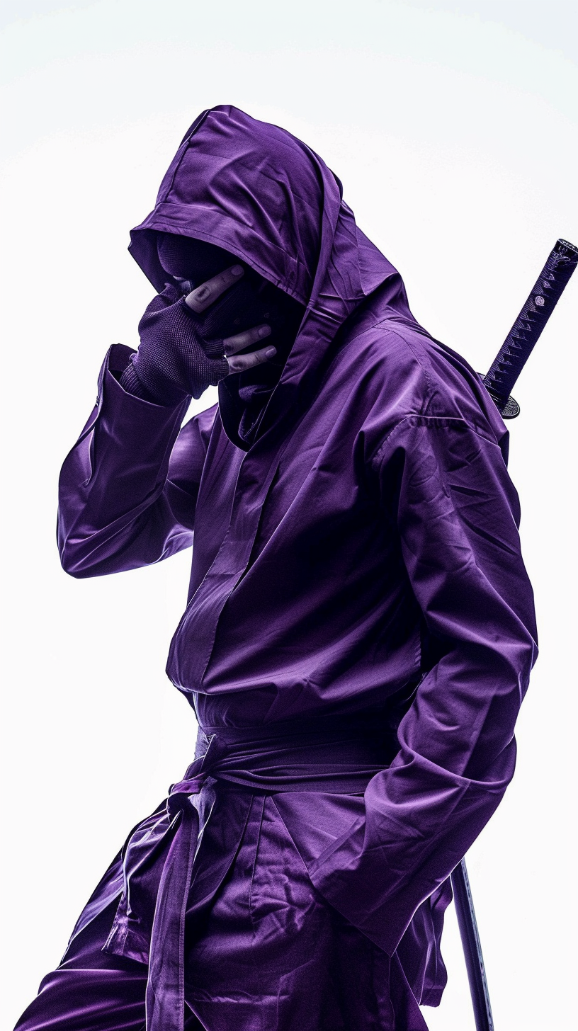 Businessman ninja with purple hooded suit and katana.