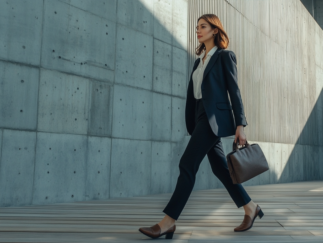 Businesswoman in blue suit walking outside office building.