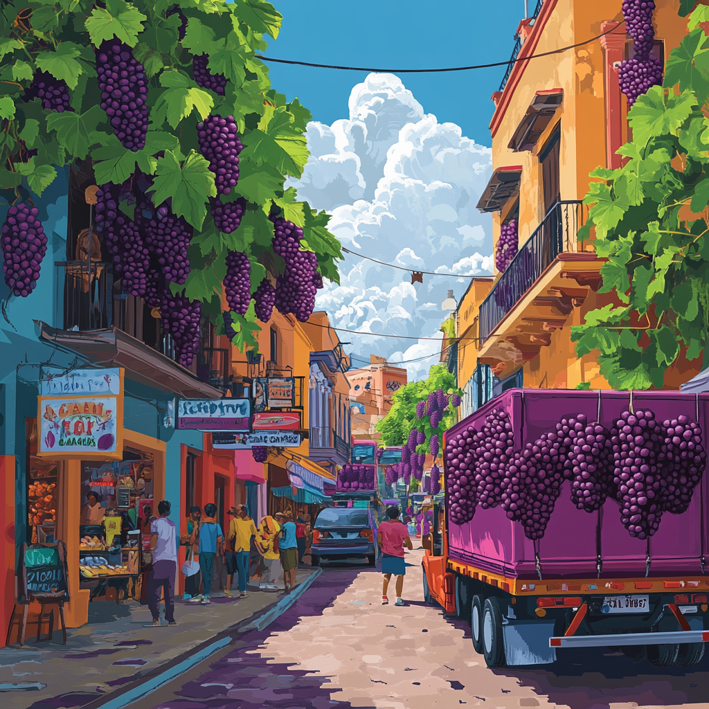 Busy Latin American city street with grape theme everywhere.